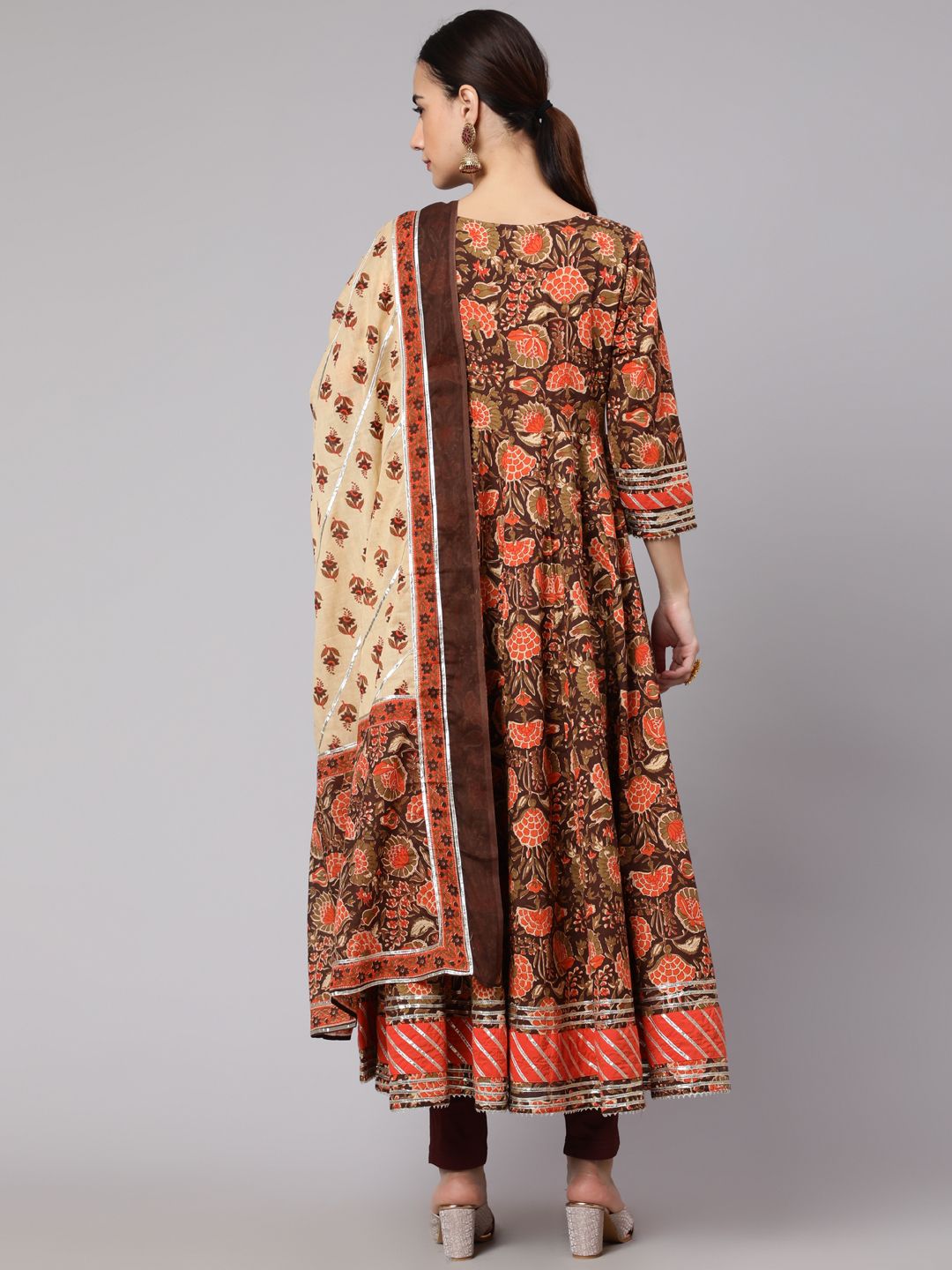 Brown Floral Print Anarkali With Dupatta - Elganza