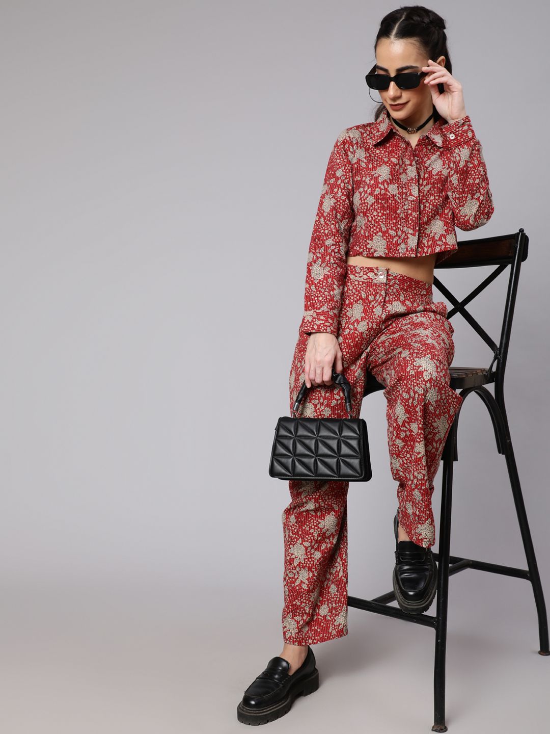 Maroon Floral Co Ord Set - Elganza