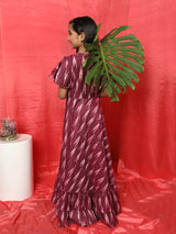 Burgundy Ikat Designed Flared Dress - Elganza