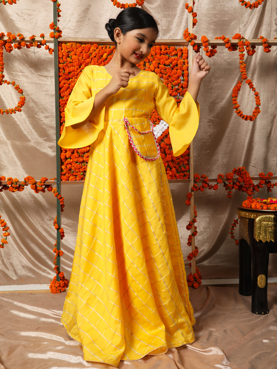 Yellow Checked Maxi Dress With Bag - Elganza