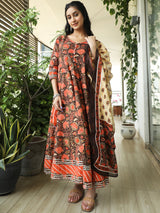 Brown Floral Print Anarkali With Dupatta - Elganza