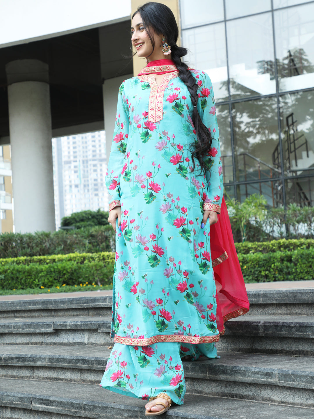 Turquoise Blue Floral Print Kurta Palazzo With Dupatta - Elganza