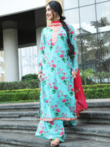 Turquoise Blue Floral Print Kurta Palazzo With Dupatta - Elganza