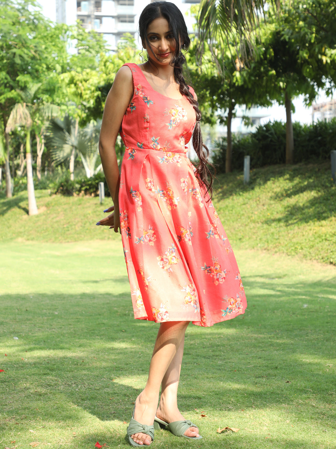 Coral Floral Print Cut-Out Skater Dress - Elganza