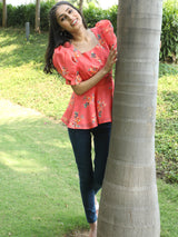 Coral Floral Print Top - Elganza
