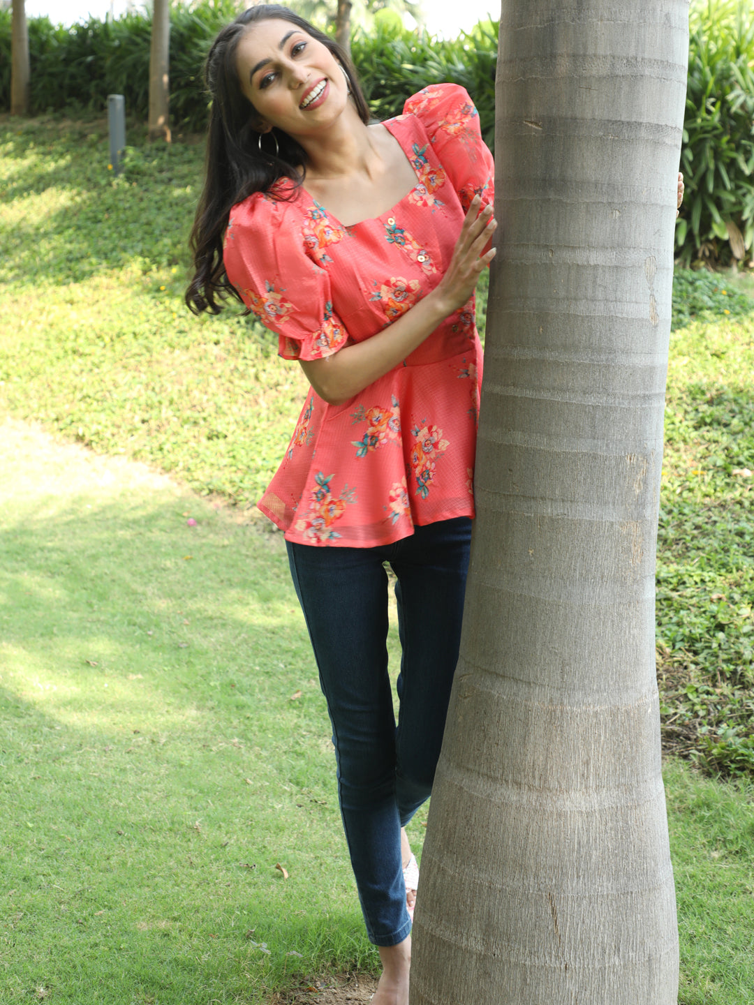 Coral Floral Print Top - Elganza