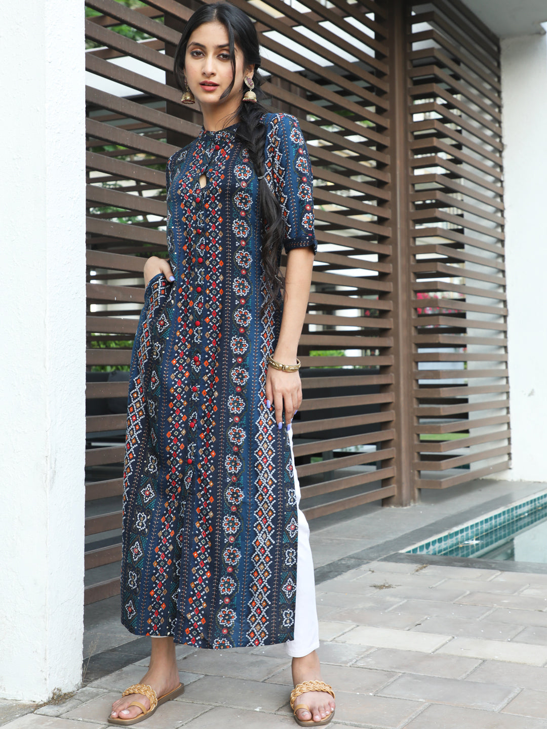 Navy Blue Gold Printed Button Down Kurta - Elganza