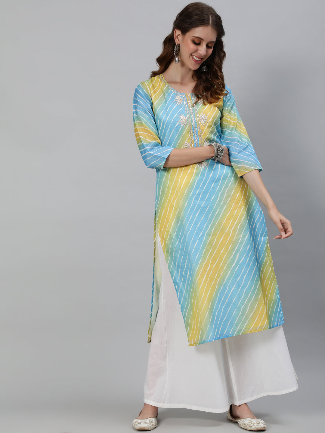 Blue Leheriya Print Yoke Embroidered Kurta - Elganza