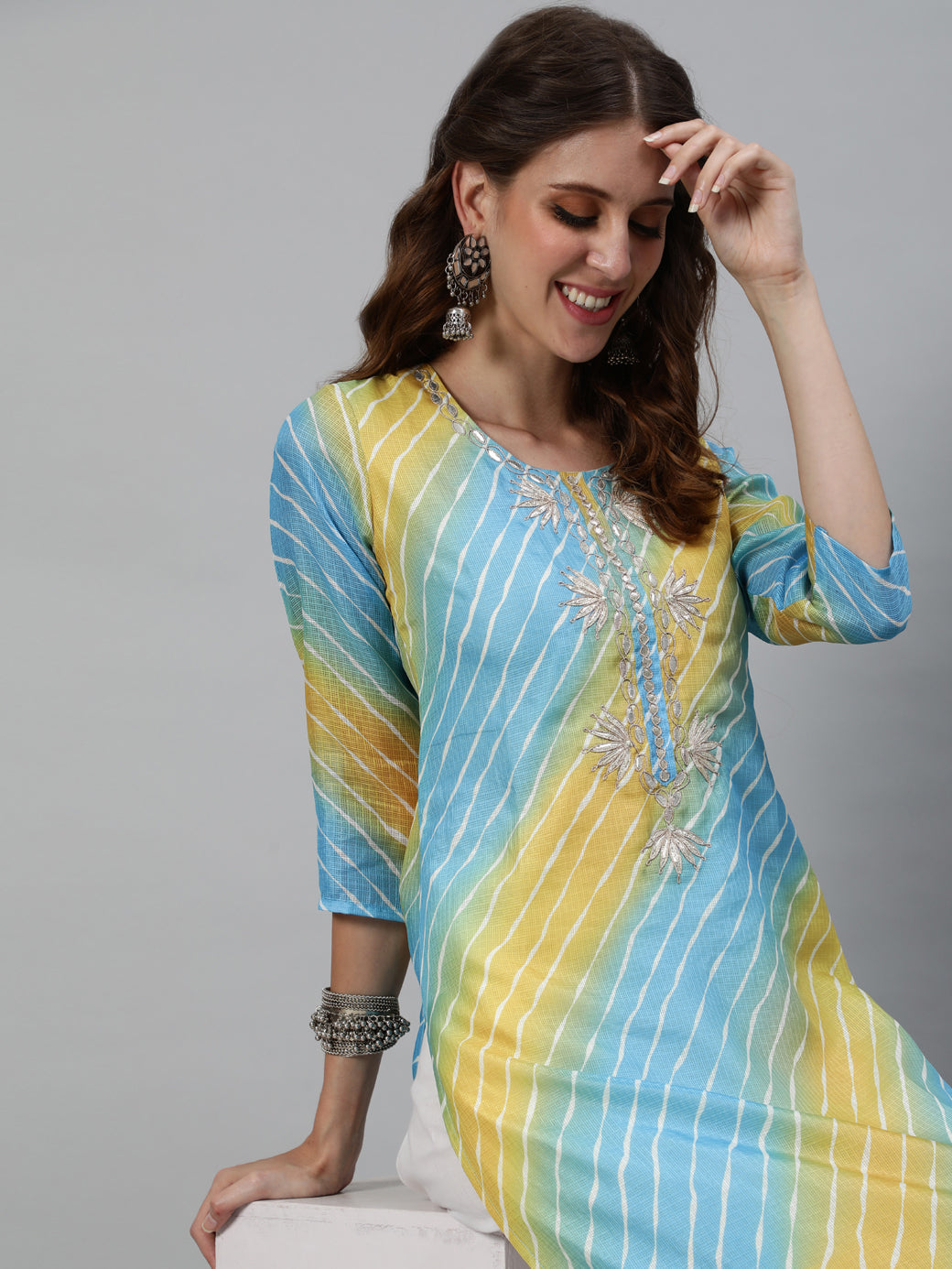 Blue Leheriya Print Yoke Embroidered Kurta - Elganza