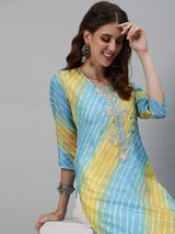 Blue Leheriya Print Yoke Embroidered Kurta - Elganza