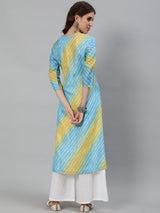 Blue Leheriya Print Yoke Embroidered Kurta - Elganza