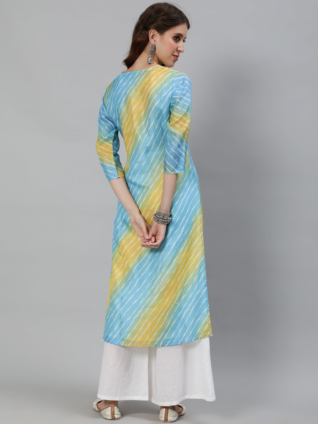 Blue Leheriya Print Yoke Embroidered Kurta - Elganza