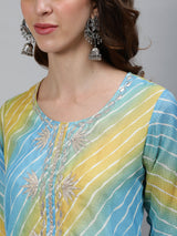 Blue Leheriya Print Yoke Embroidered Kurta - Elganza