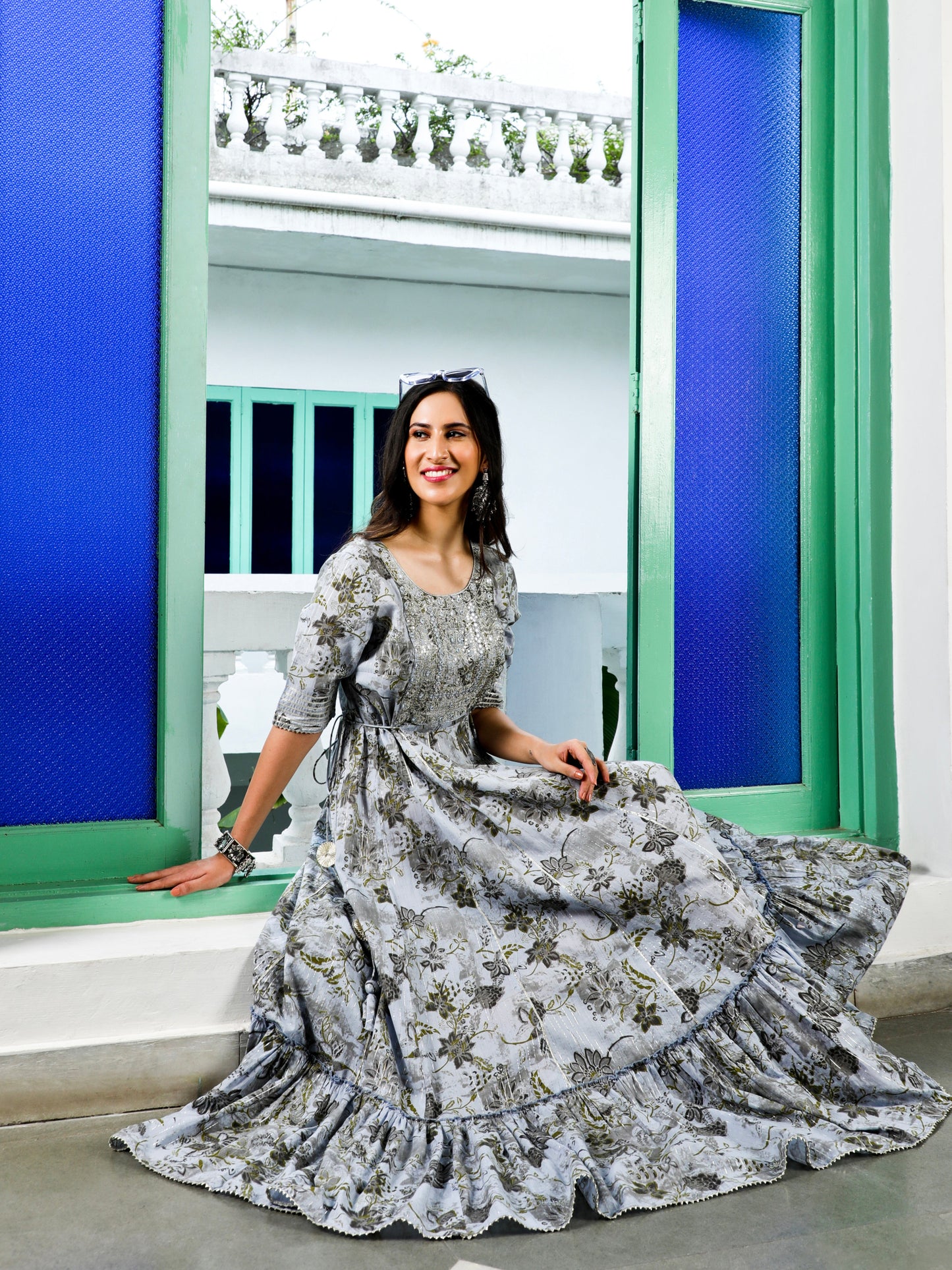 Blue Floral Print Maxi Dress