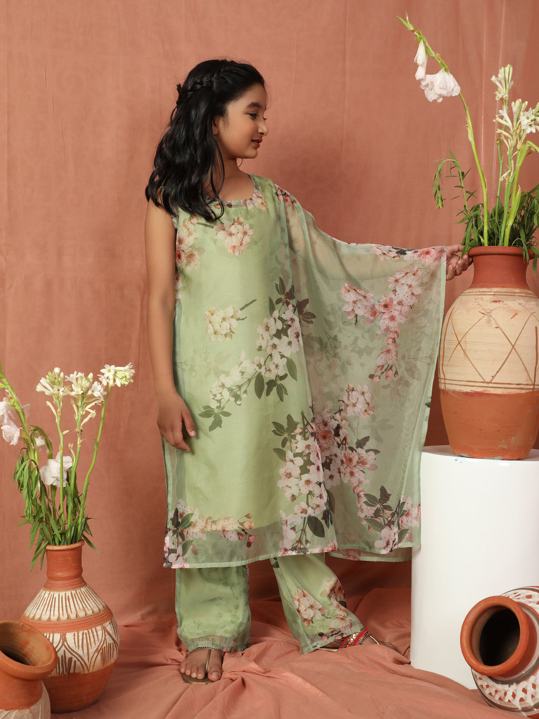 Green Floral Print Kurta With Palazzo - Elganza