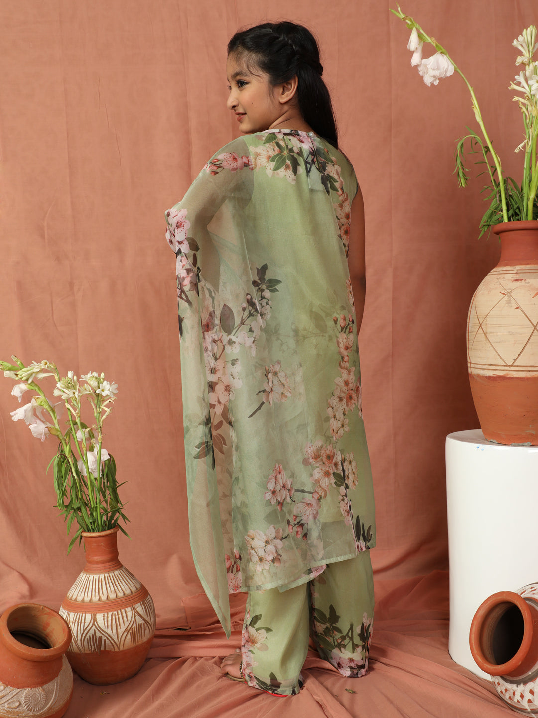 Green Floral Print Kurta With Palazzo - Elganza