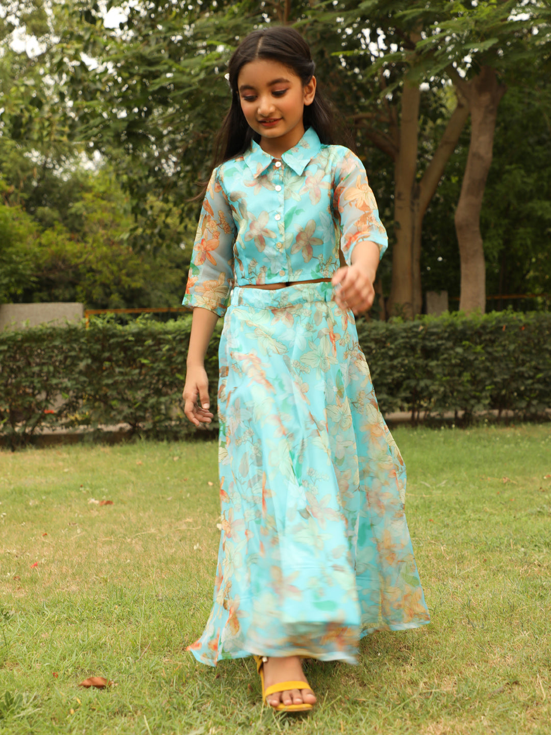 Pastel Blue Floral Print Lehenga Choli - Elganza