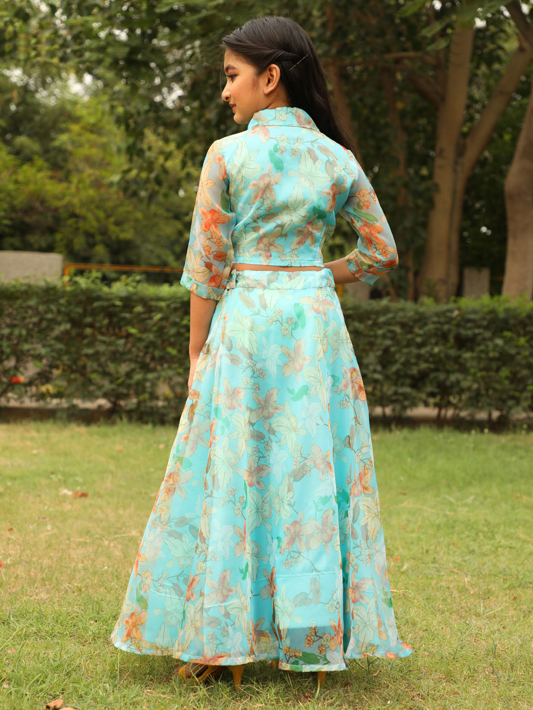 Pastel Blue Floral Print Lehenga Choli - Elganza