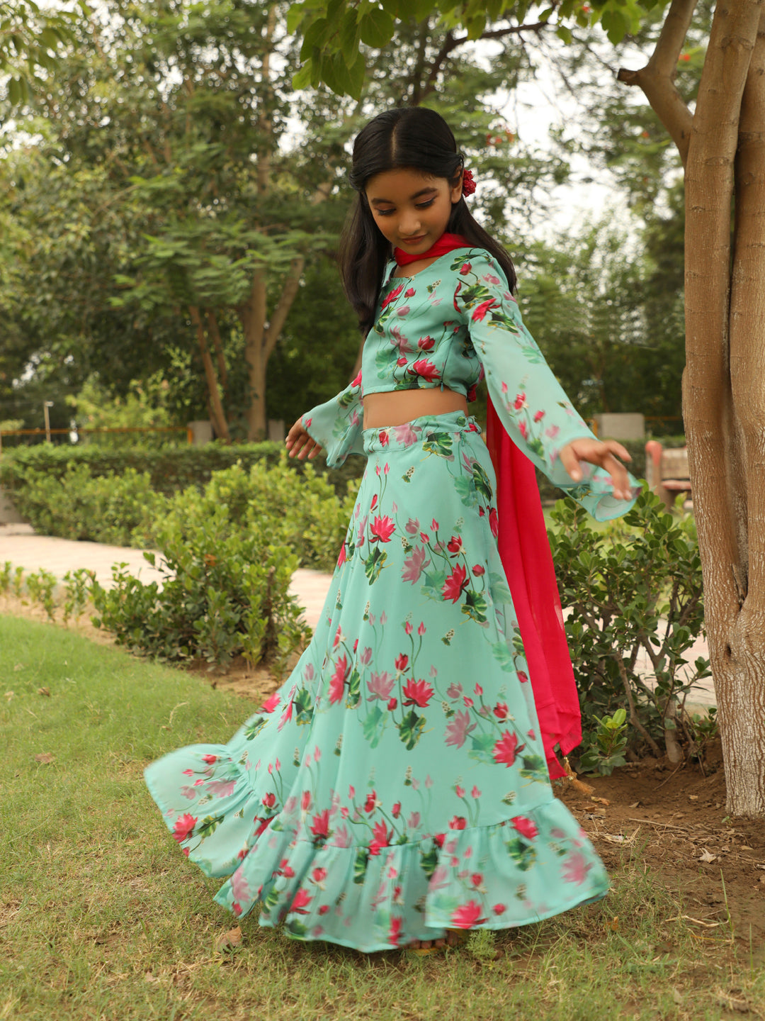 Blue Floral Print Lehenga Choli With Dupatta - Elganza