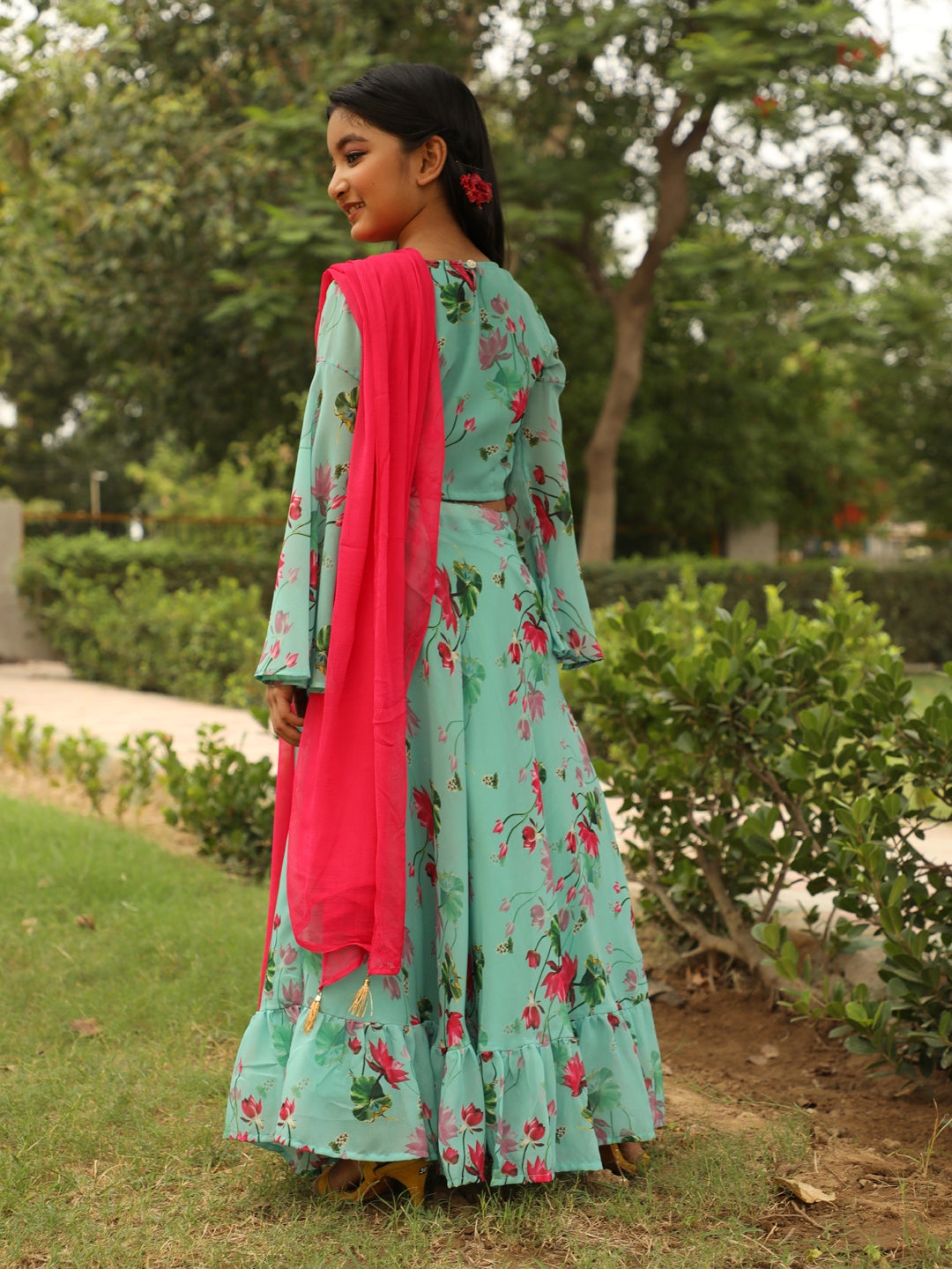 Blue Floral Print Lehenga Choli With Dupatta - Elganza