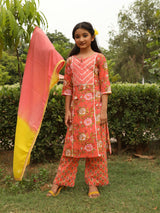 Peach Floral Print Kurta Palazzo With Dupatta - Elganza