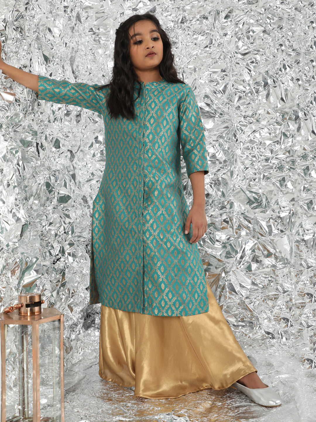 Blue Gold Brocade Design Kurta With Palazzo - Elganza