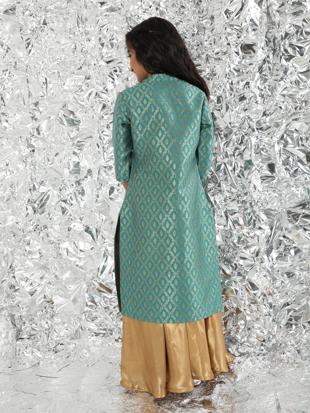 Blue Gold Brocade Design Kurta With Palazzo - Elganza