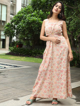 Cream Floral Print Cut-out Dress - Elganza