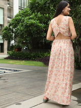 Cream Floral Print Cut-out Dress - Elganza