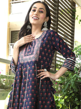 Blue & Peach Floral Print Embroidered Maxi Dress - Elganza