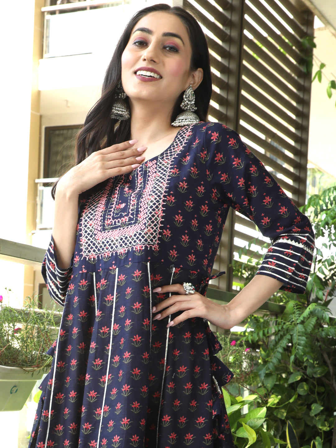 Blue & Peach Floral Print Embroidered Maxi Dress - Elganza