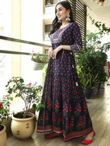 Blue & Peach Floral Print Embroidered Maxi Dress - Elganza