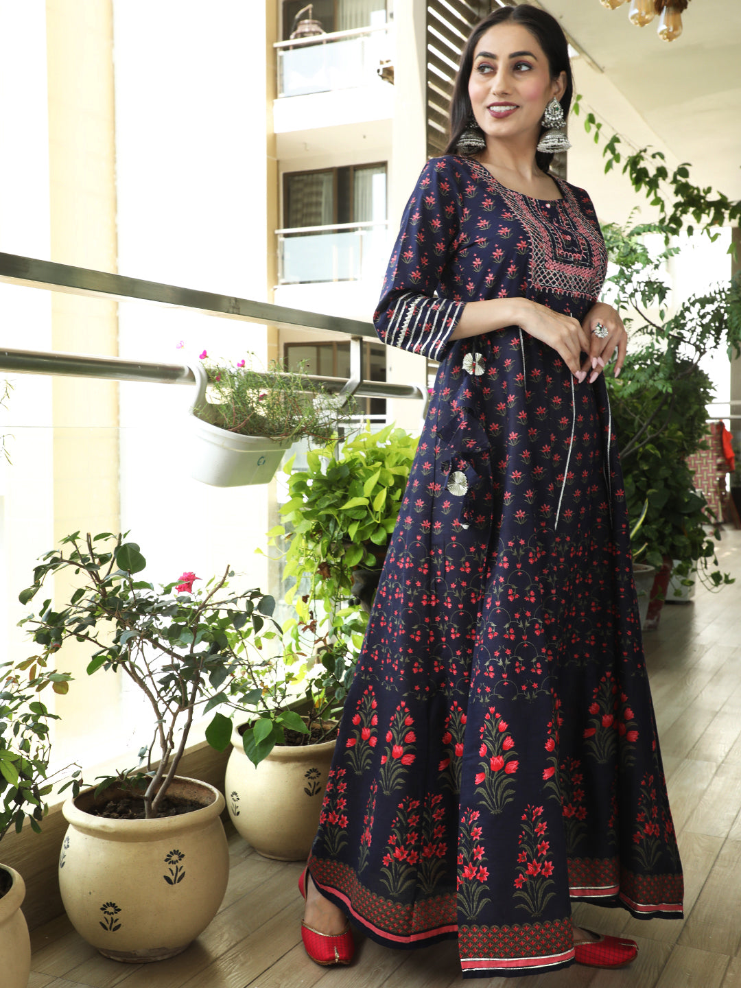 Blue & Peach Floral Print Embroidered Maxi Dress - Elganza