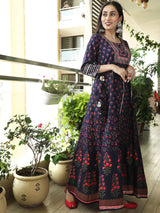 Blue & Peach Floral Print Embroidered Maxi Dress - Elganza
