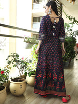 Blue & Peach Floral Print Embroidered Maxi Dress - Elganza