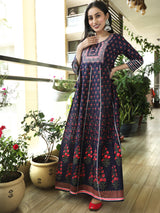 Blue & Peach Floral Print Embroidered Maxi Dress - Elganza