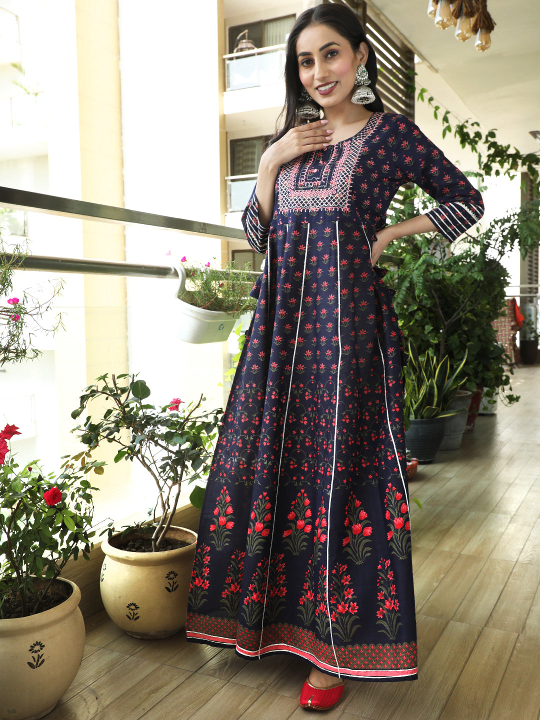 Blue & Peach Floral Print Embroidered Maxi Dress - Elganza