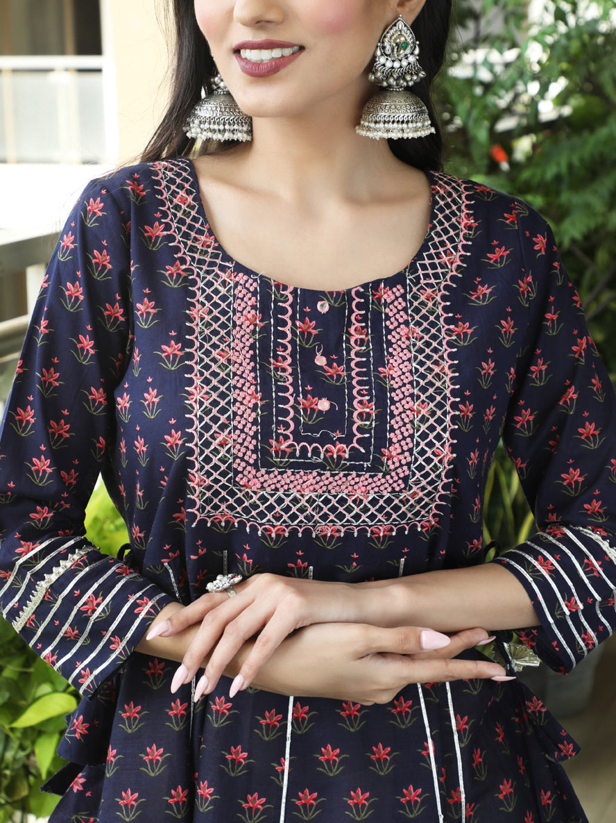 Blue & Peach Floral Print Embroidered Maxi Dress - Elganza