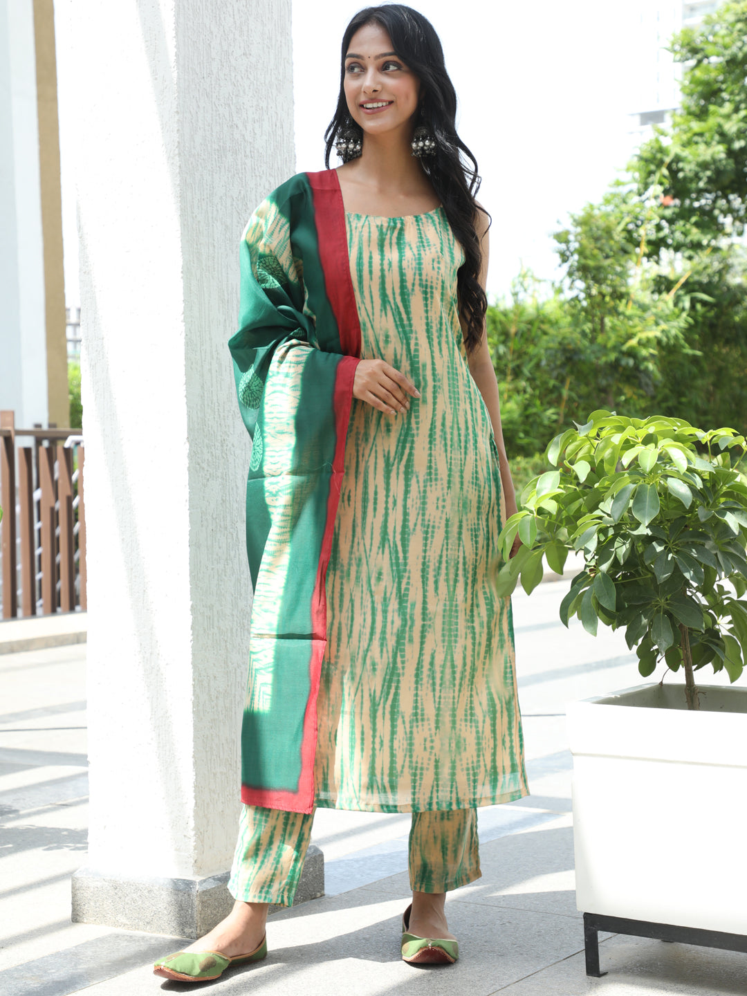 Cream Shibori Print Kurta Pant With Dupatta - Elganza