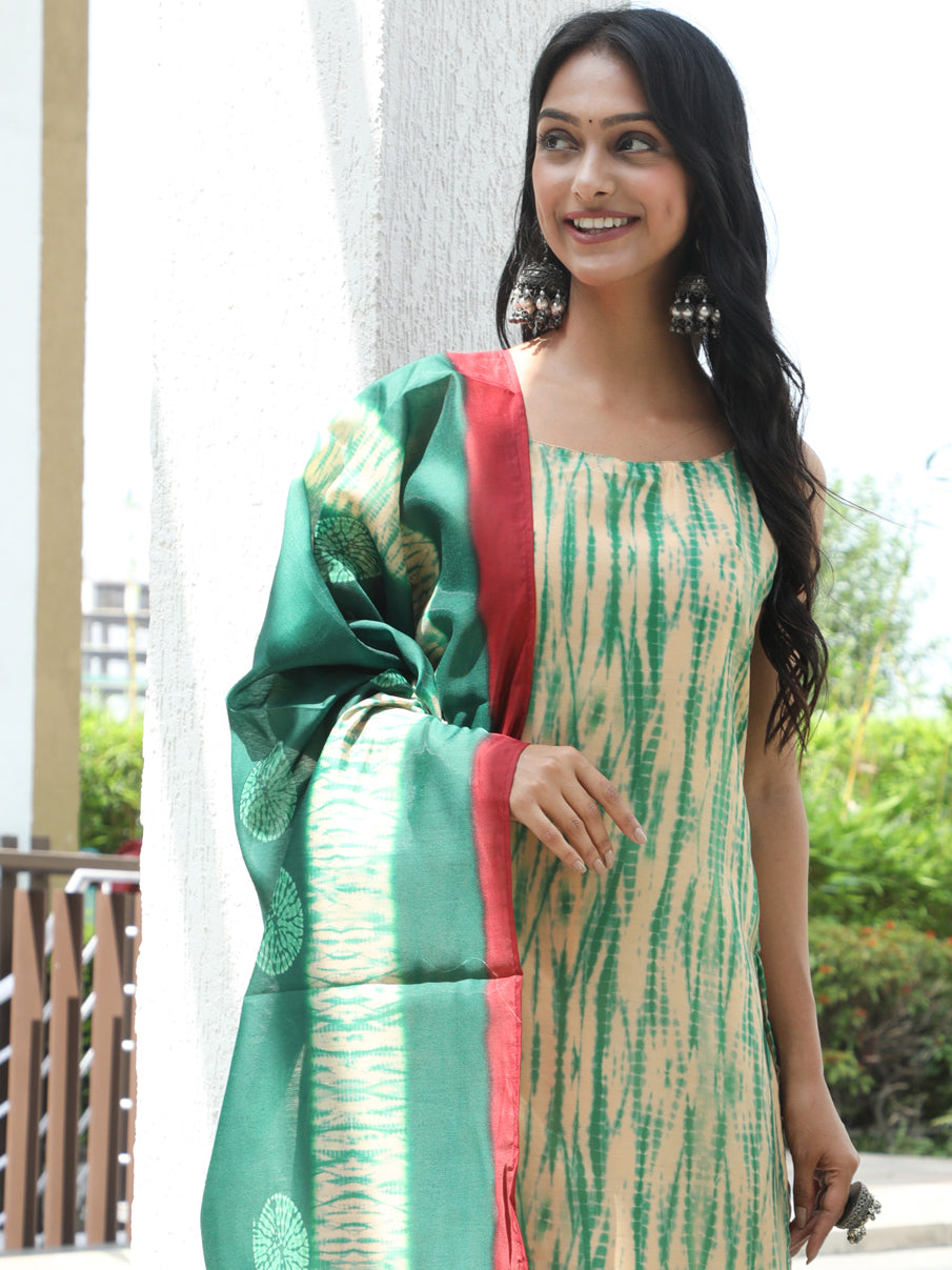 Cream Shibori Print Kurta Pant With Dupatta - Elganza