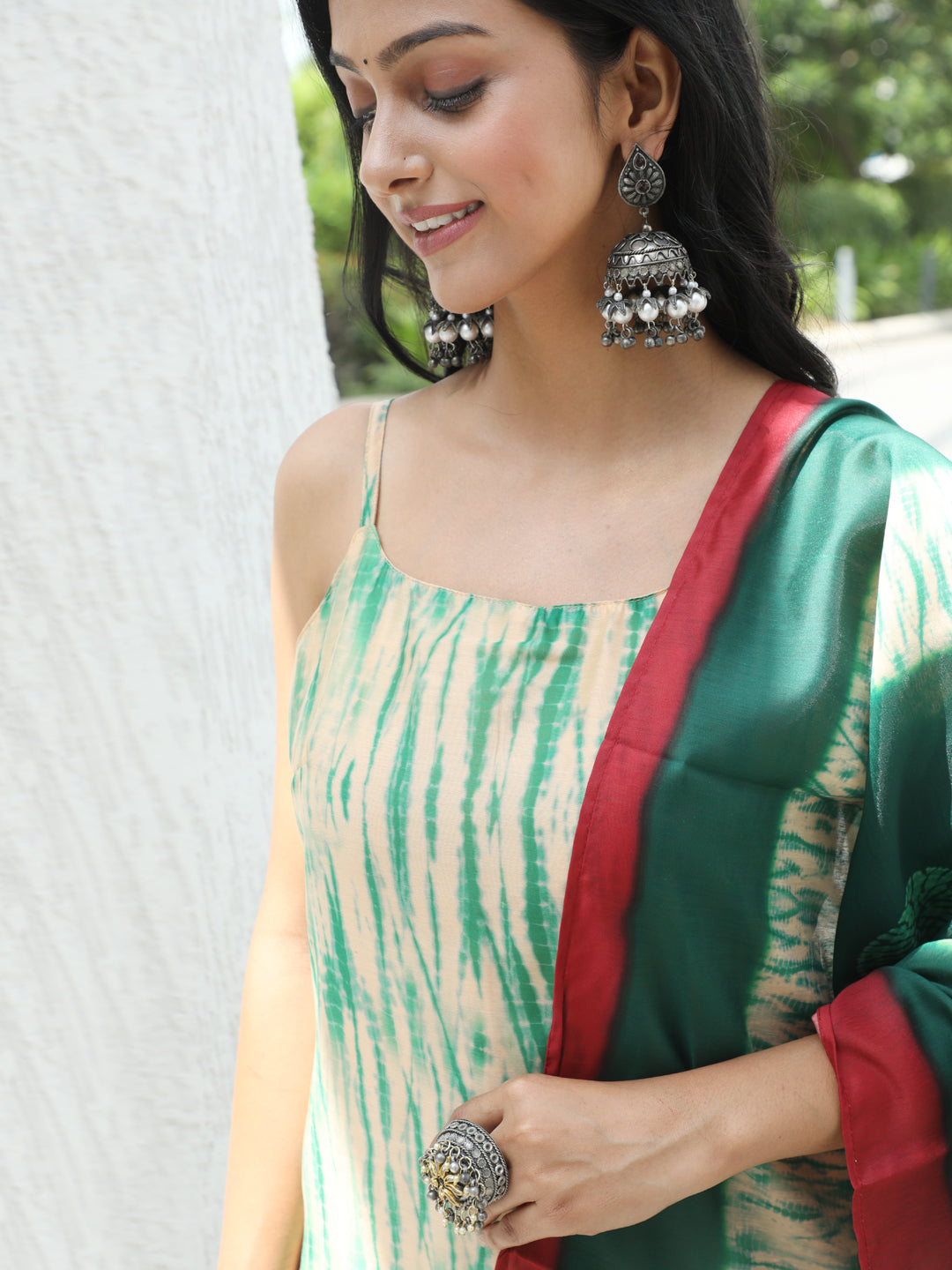 Cream Shibori Print Kurta Pant With Dupatta - Elganza
