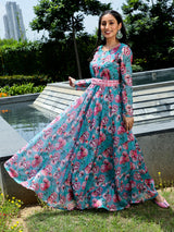 Blue Floral Print Flared Maxi Dress With Belt - Elganza