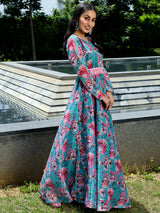 Blue Floral Print Flared Maxi Dress With Belt - Elganza