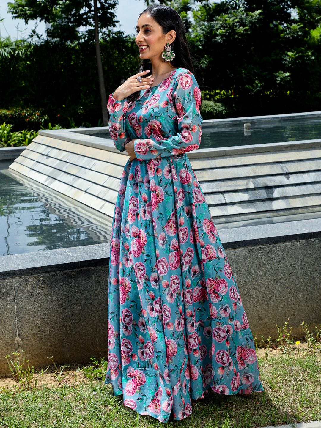 Blue Floral Print Flared Maxi Dress With Belt - Elganza