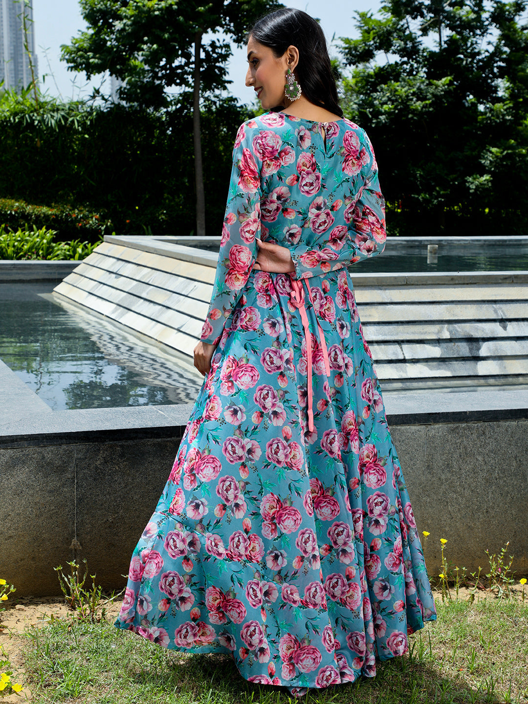 Blue Floral Print Flared Maxi Dress With Belt - Elganza