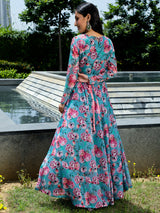 Blue Floral Print Flared Maxi Dress With Belt - Elganza