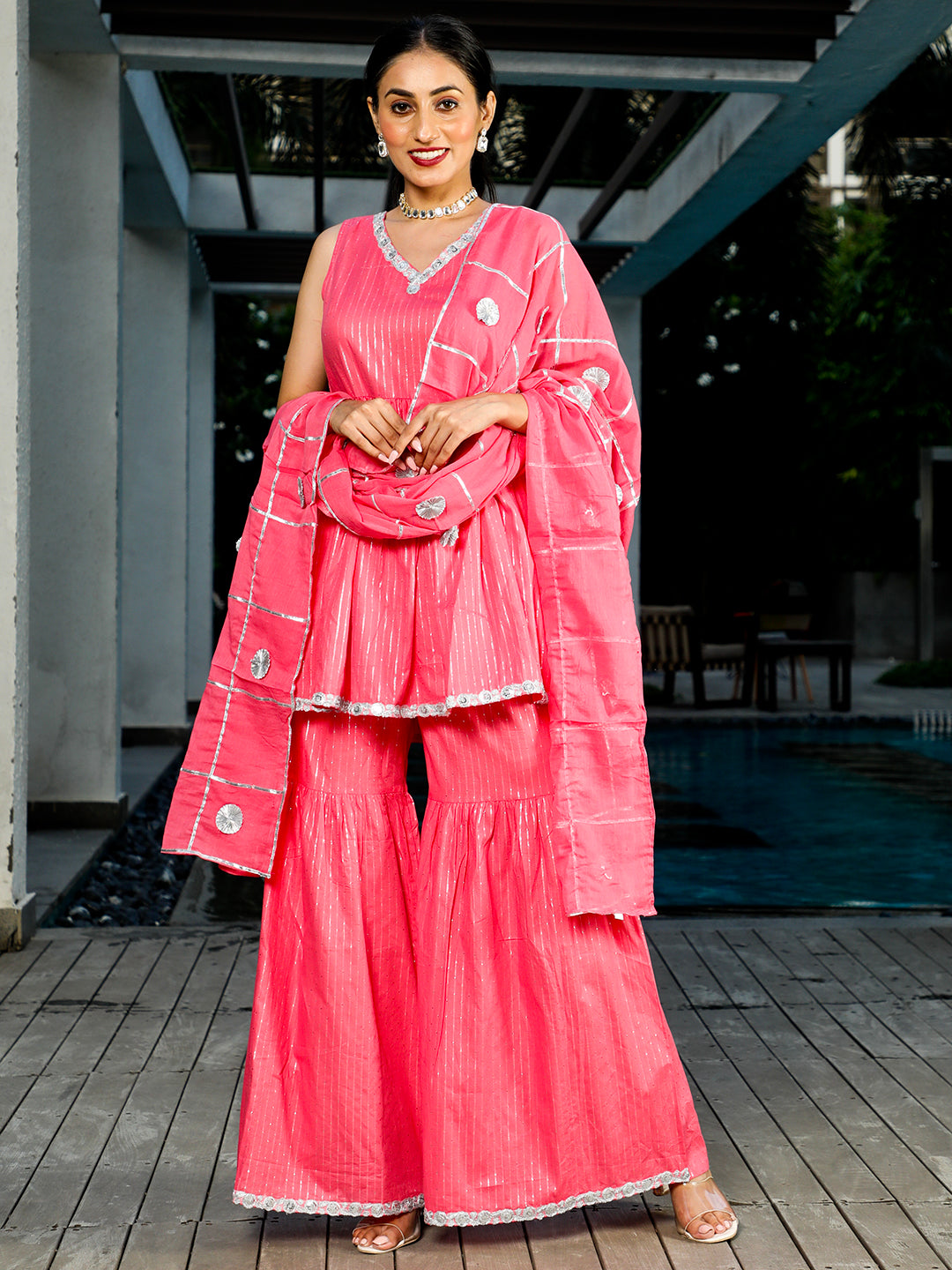 Pink Sequin Kurta Sharara With Dupatta - Elganza