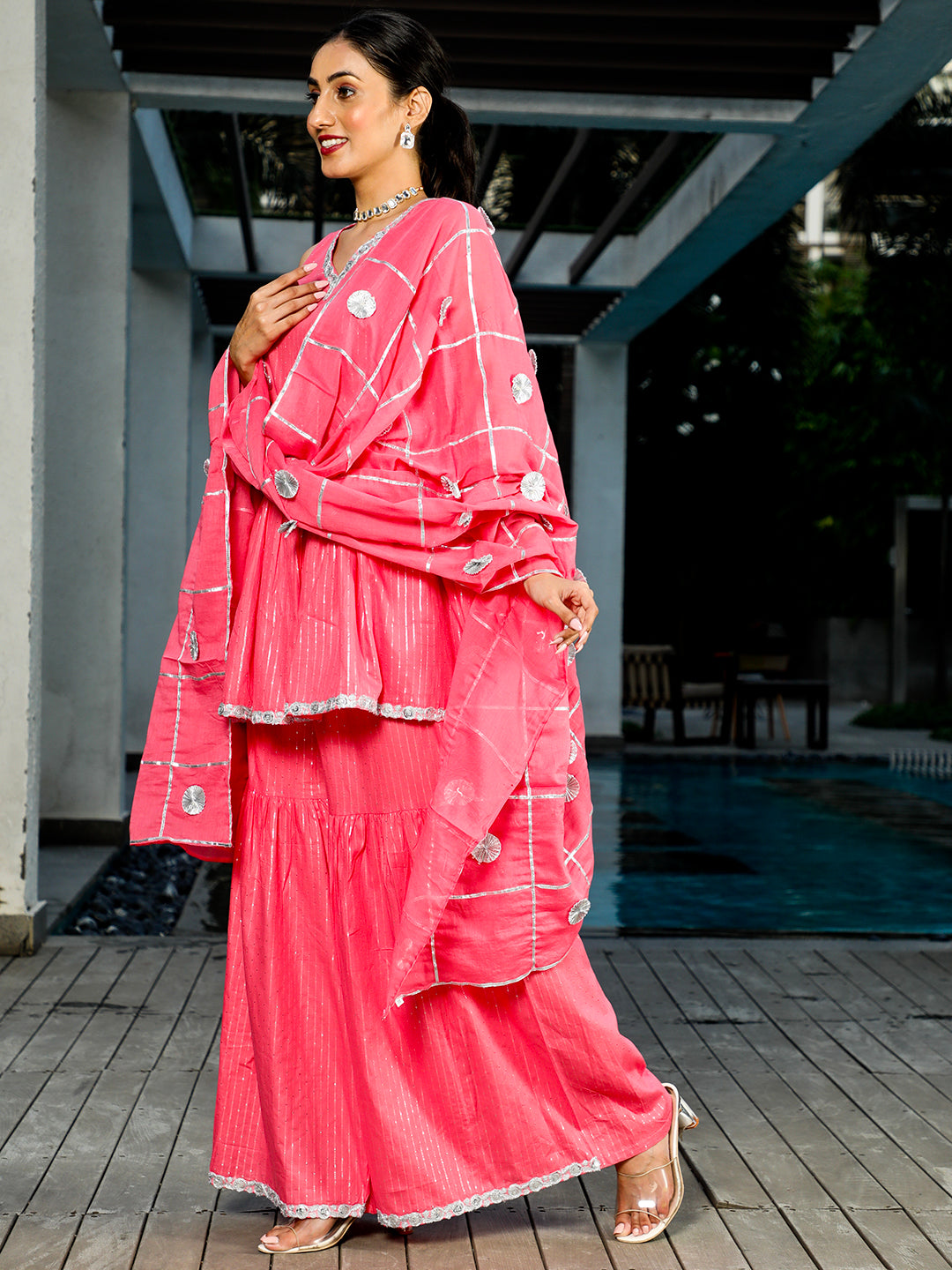 Pink Sequin Kurta Sharara With Dupatta - Elganza
