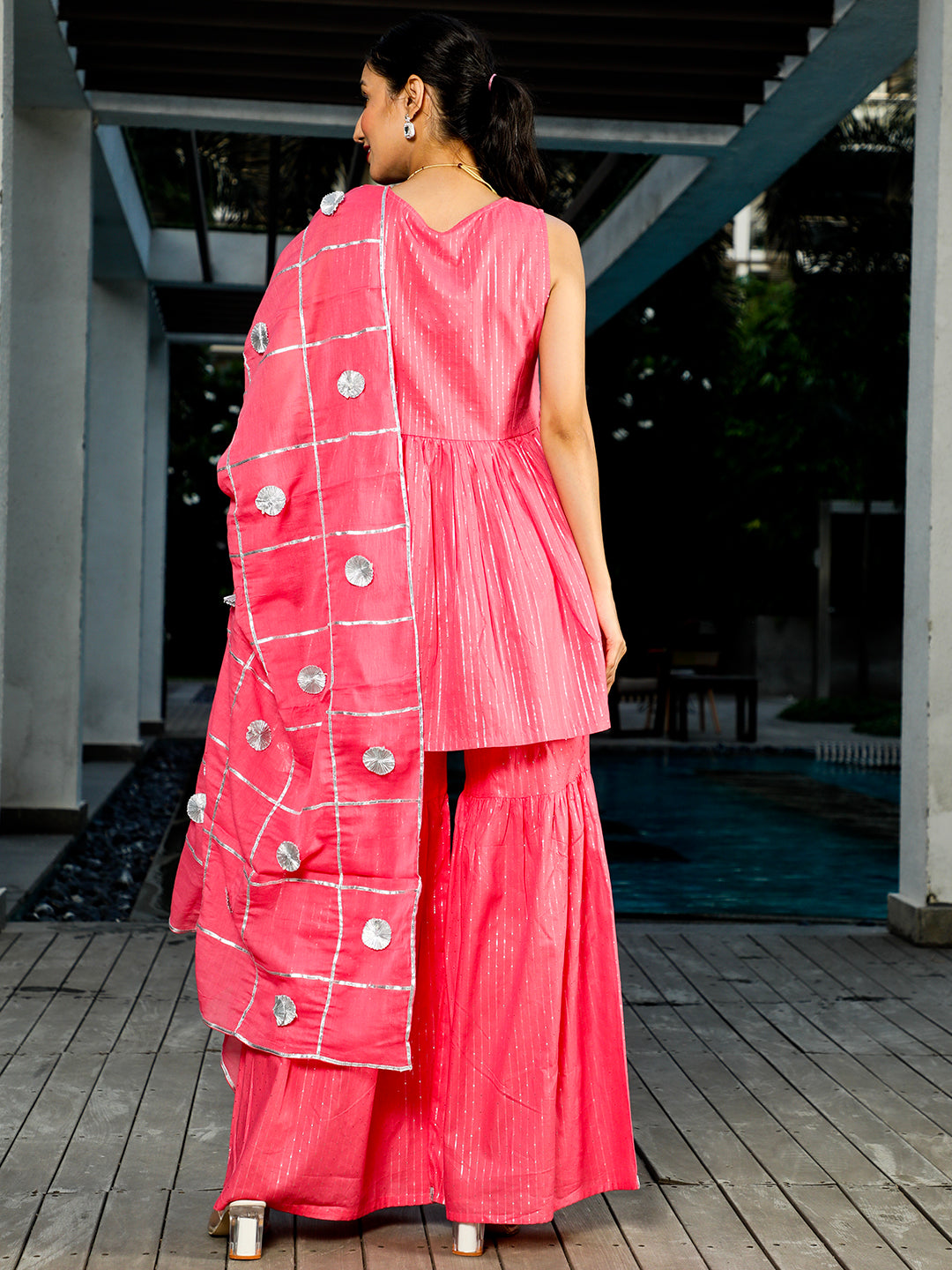 Pink Sequin Kurta Sharara With Dupatta - Elganza