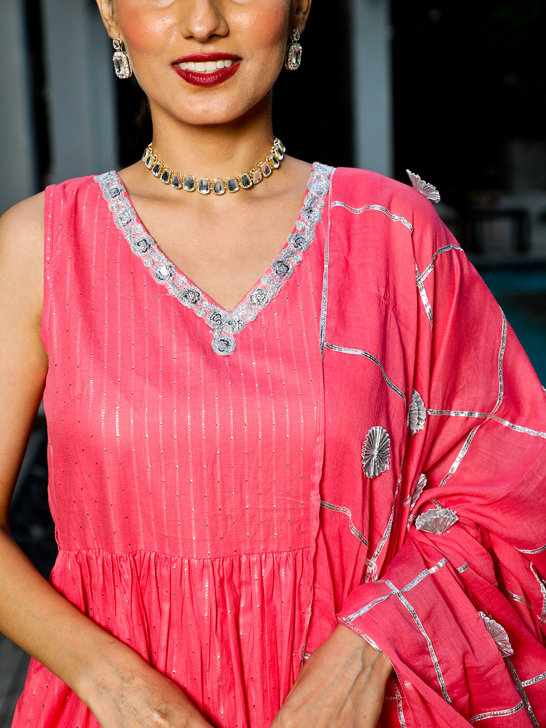 Pink Sequin Kurta Sharara With Dupatta - Elganza